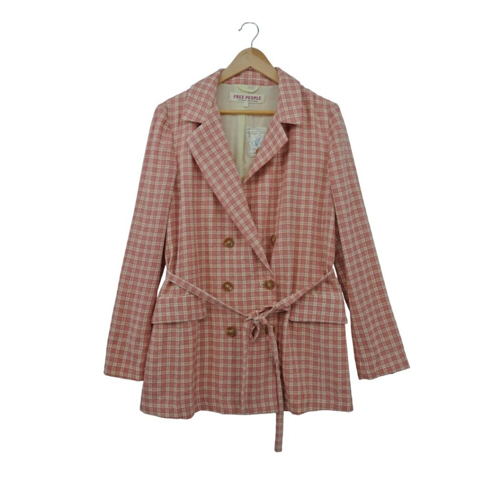Free People FP Movement Pink White Plaid Oversized Belted Coat Small